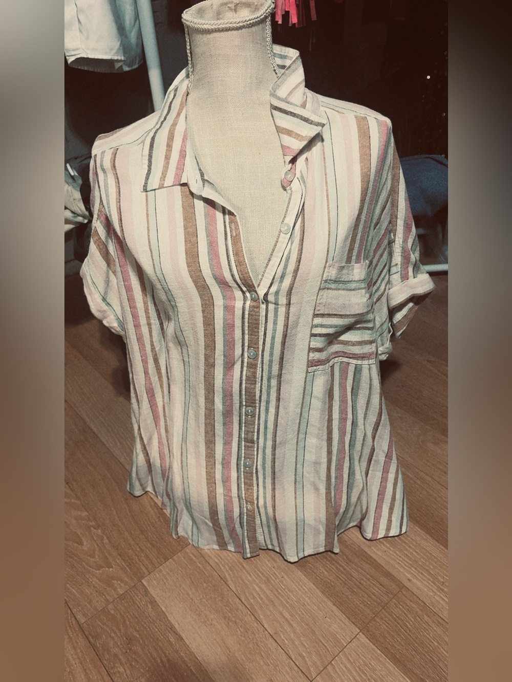 Maurices Cream Button-Down Short Sleeve Striped Top